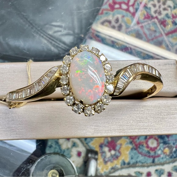 14k Yellow Gold Opal & Diamond Bangle Bracelet - Picture 1 of 12